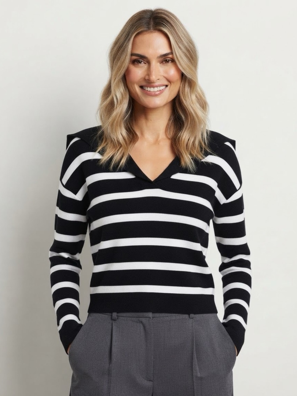 Cyrus Black & White Striped V-Neck Sweater